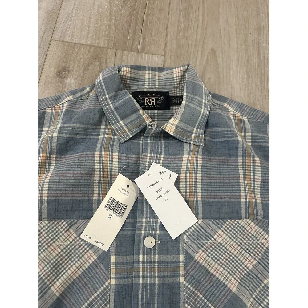 RRL by Ralph Lauren Madras Camp Shirt Light Blue XS - Picture 2 of 6